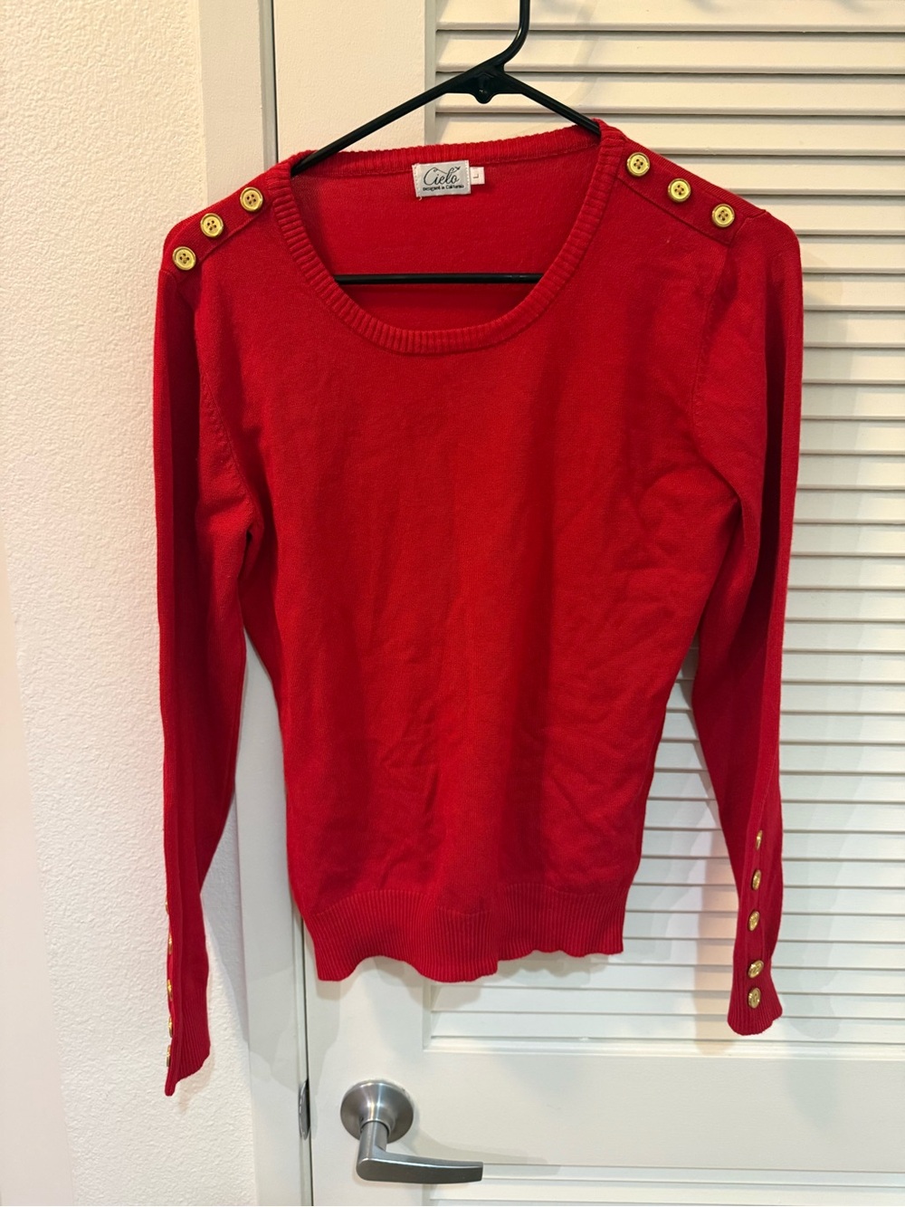 Cielo Red Crewneck Sweater with Gold-Tone Buttons  LARGE